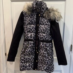 Juicy Couture Black and Gray Leopard Puffer Jacket with Fur Trim